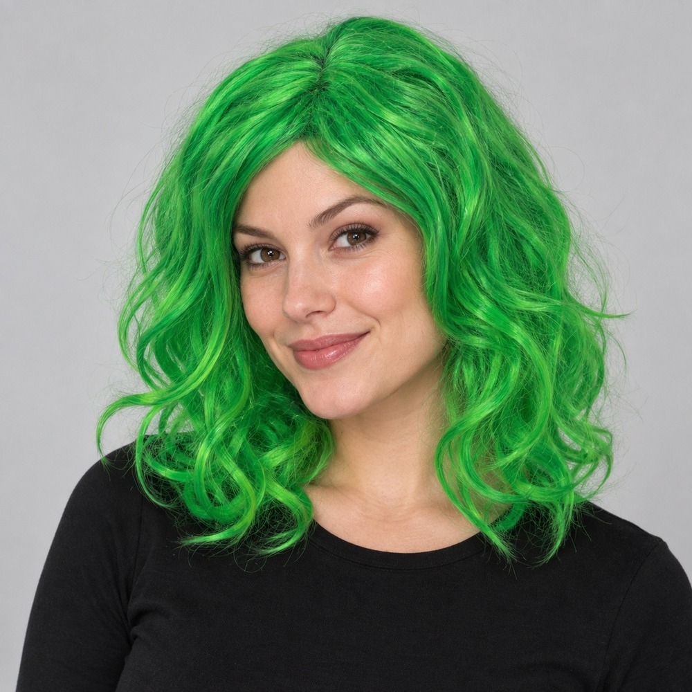 Dream Womens Beetlejuice Wig Neon Green Wavy Costume Hair New with Bald Cap